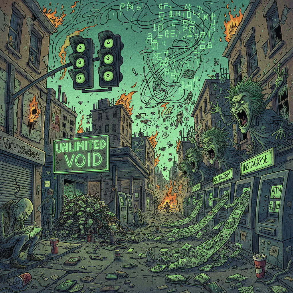 Hyper-Consumerism gonzo cartoon