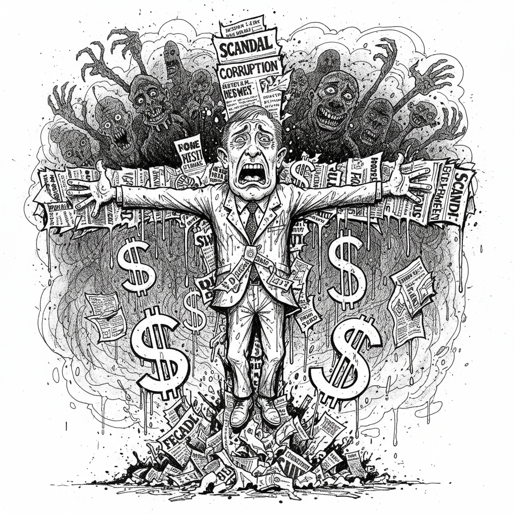 A howling, ink-splattered Steve Stockman, eyes wide with performative victimhood, crucified on a cross of dollar signs and tattered 'scandal' headlines, while shadowy, abstract 'extremist henchmen' leer from the chaotic background. A satirical gonzo cartoon, ink-splatter illustrations, reminiscent of Ralph Steadman. NO ARTIST SIGNATURES.