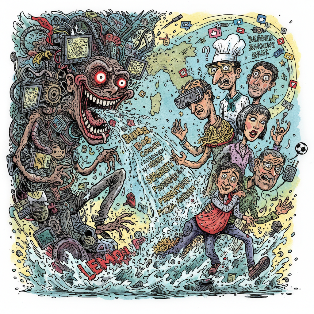 A satirical gonzo cartoon, illustrating 'Italian Brainrot' and the 'content machine.' A colossal, grinning, monstrous algorithm spews a chaotic deluge of absurd search terms like 'beaded sardine bag' and 'boneless couch' that engulf a bewildered, multi-faceted figure struggling for identity amidst the digital debris.