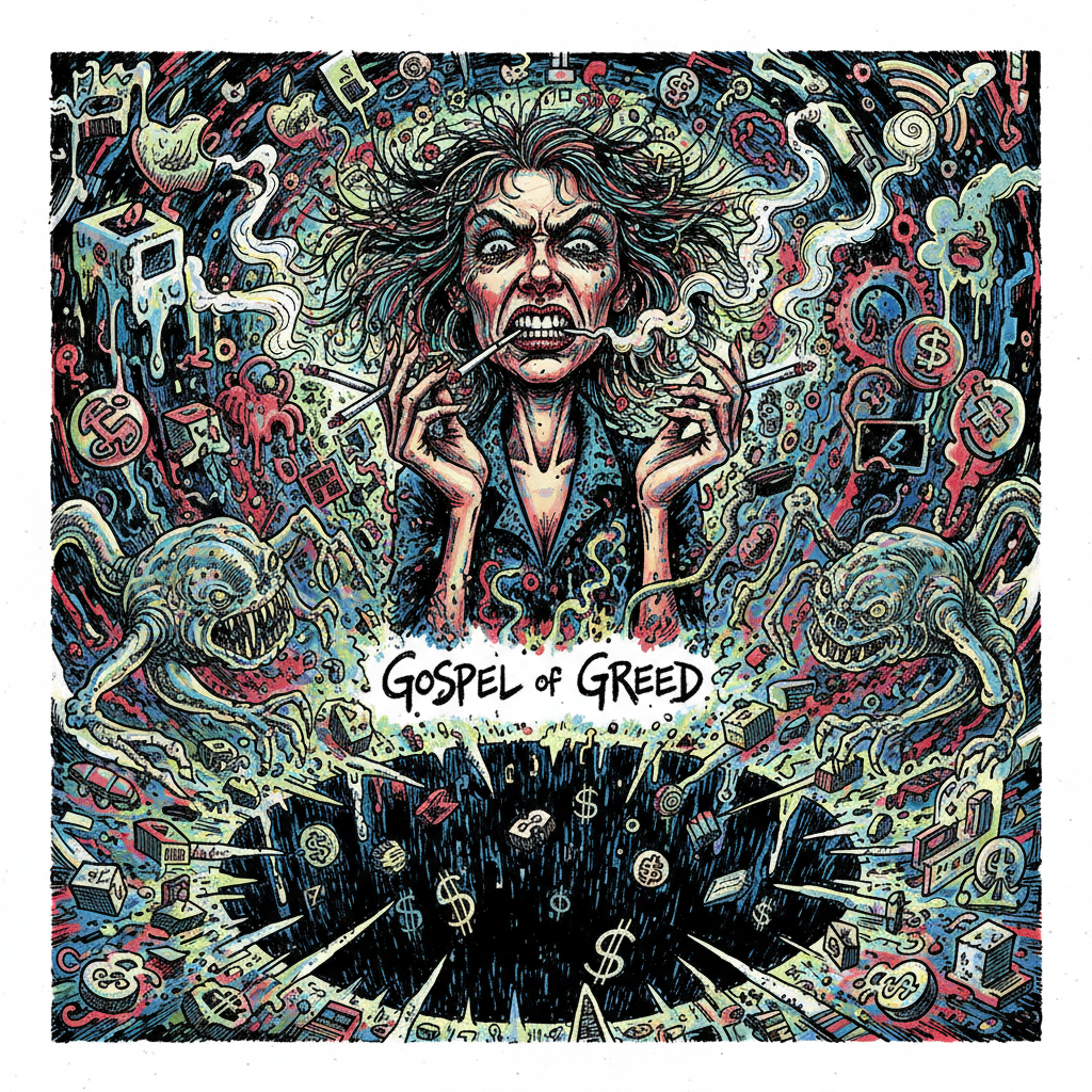A satirical gonzo cartoon, ink-splatter illustration, reminiscent of Ralph Steadman, depicting a woman chain-smoking Virginia Slims, her face contorted in cold fury, amidst a chaotic, swirling digital wilderness. Distorted tech icons and shimmering, grotesque algorithmic mirages beckon towards a gaping financial abyss. The final image MUST NOT contain any artist signatures. Limited text: "Gospel of Greed".