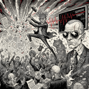 Amidst a speed-metal coronation, a manic figure hammers executive orders, shattering the bureaucracy into ink-stained shards. Rip Thorne watches with paranoid focus, his scarred brow visible above his aviators, as doomsday tariffs tick violently upward like a jagged, vibrating heart monitor against an erratic, ink-spattered Ohio sky.