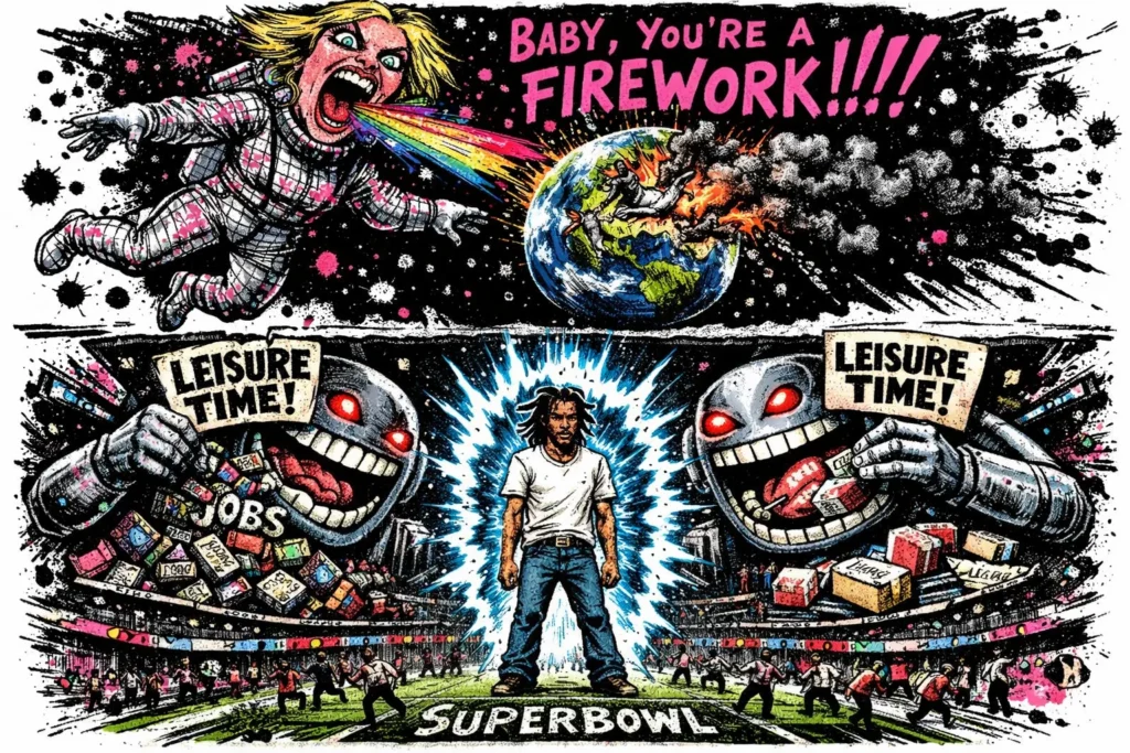 Fireworks in space as the AI takes jobs. Gonzo cartoon