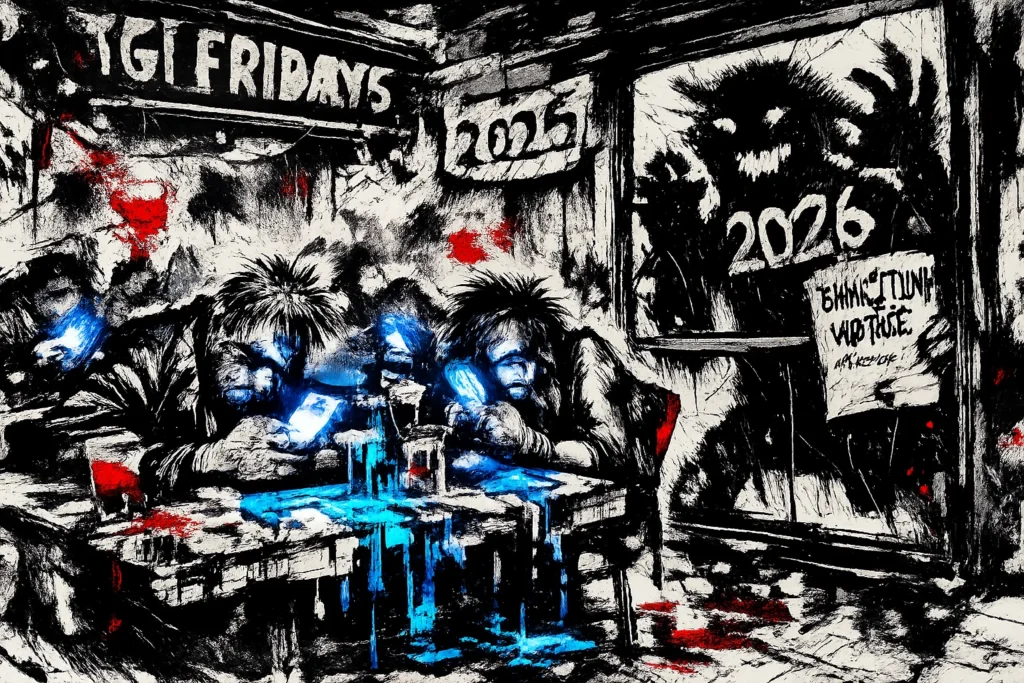 A satirical, scratchy ink-style illustration depicting a nightmarish New Year's Eve inside a TGI Fridays. Exhausted patrons with wild eyes are bathed in the blue light of their phones while drinking glitching, digital cocktails. Outside the restaurant window, a monstrous, shadowy figure labeled "2026" pounds on the glass, demanding entry. The scene is chaotic and messy, symbolizing the anxiety of the transition into the new year.