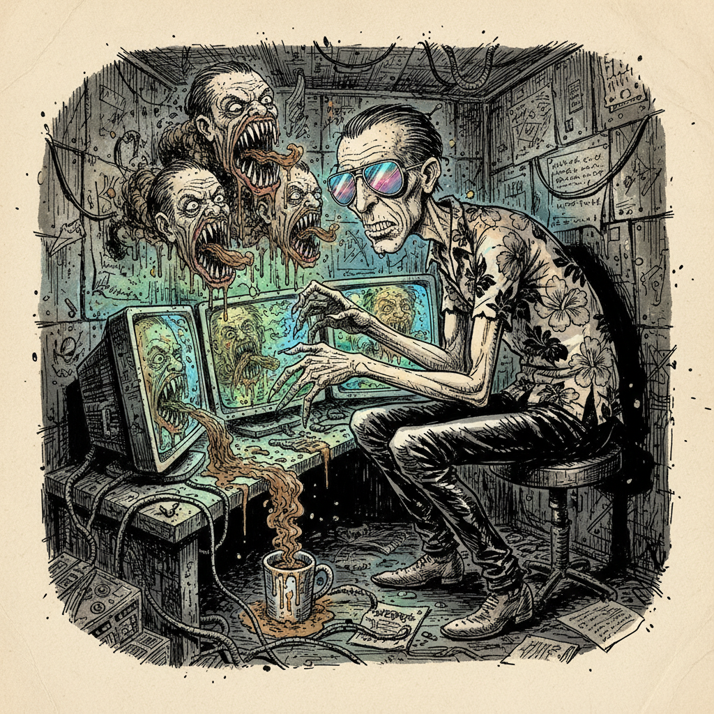 Rip Thorne, in tattered leather and a hibiscus shirt, hunches over glowing screens in a grimy bunker. His gradient aviators reflect a screaming, multi-headed news hydra dripping with burger grease. Erratic ink splatters and jagged lines depict his paranoid focus as coffee spills like black battery acid.