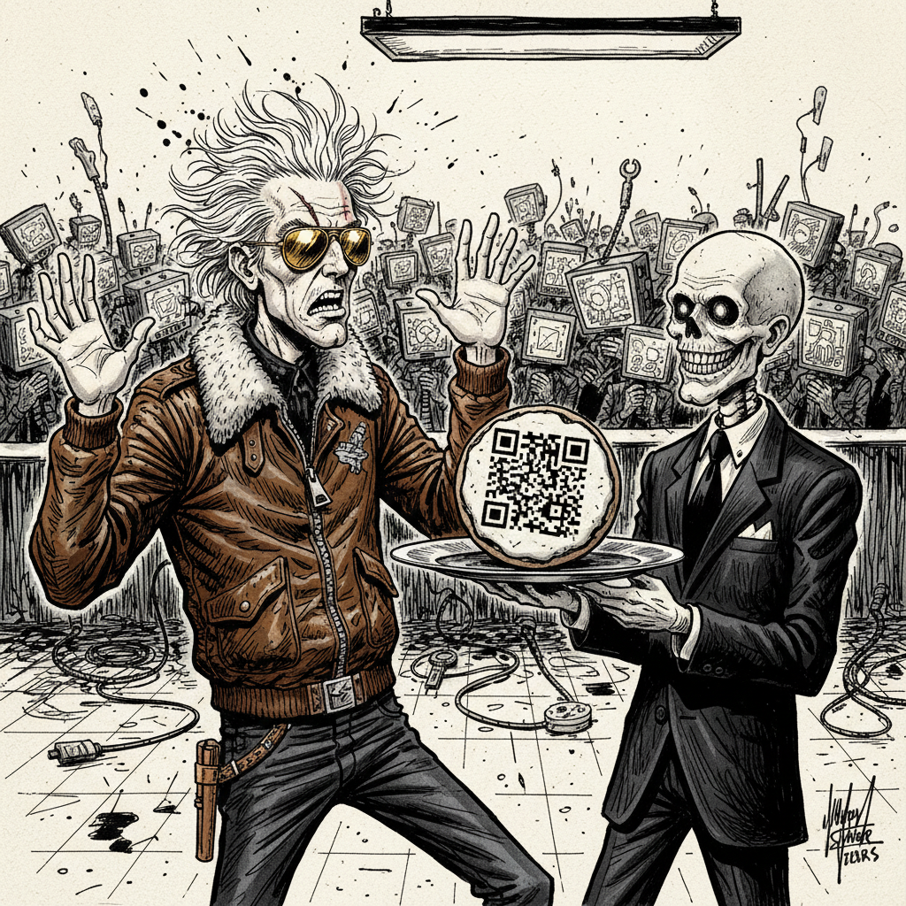 Rip Thorne, with disheveled hair and a scarred brow behind gold aviators, recoils in his leather flight jacket as a dead-eyed PR handler proffers a QR-code cookie. Erratic, ink-splattered lines depict the grimy, halogen-lit press pen, crowded with non-blinking bloggers and high-contrast, savage shadows of tech-dystopia.