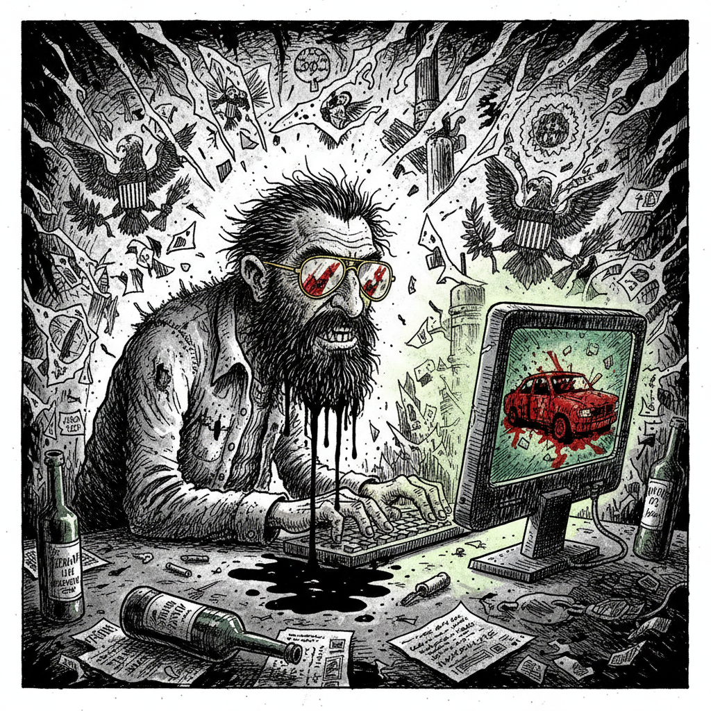 Rip Thorne hunches over a glowing screen in a grimy, smoke-filled bunker. His gold-rimmed aviators reflect a pixelated, blood-soaked car crash. Ink-splatters and erratic lines depict the "shattered veneer" of the republic. Thick black ink drips from his disheveled beard as he stares with savage determination.