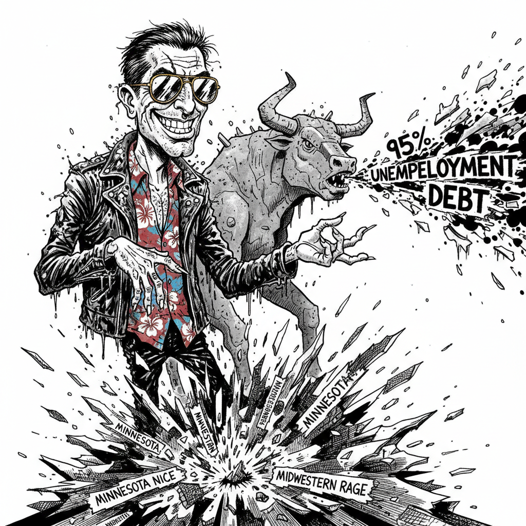 Rip Thorne, with his jagged scar and gold-rimmed aviators, stands in his tattered leather jacket and hibiscus shirt. He watches a concrete-skinned Bovino vomit ink-splattered "95%" statistics into the sub-zero air, while the Minneapolis ground shatters into visceral, high-contrast shards of "Minnesota Nice" and Midwestern rage.