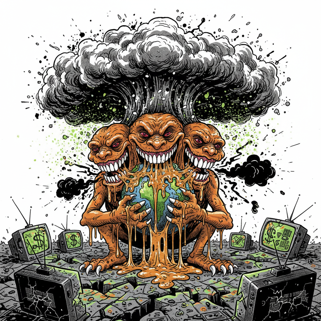 A bloated, multi-headed American beast with bleached teeth and spray-tan orange skin gorging on a globe dripping with high-fructose corn syrup. Thick, erratic ink splatters form a mushroom cloud crown, as the monster chokes on radioactive ashes amidst a high-contrast wasteland of cracked, glowing television screens.