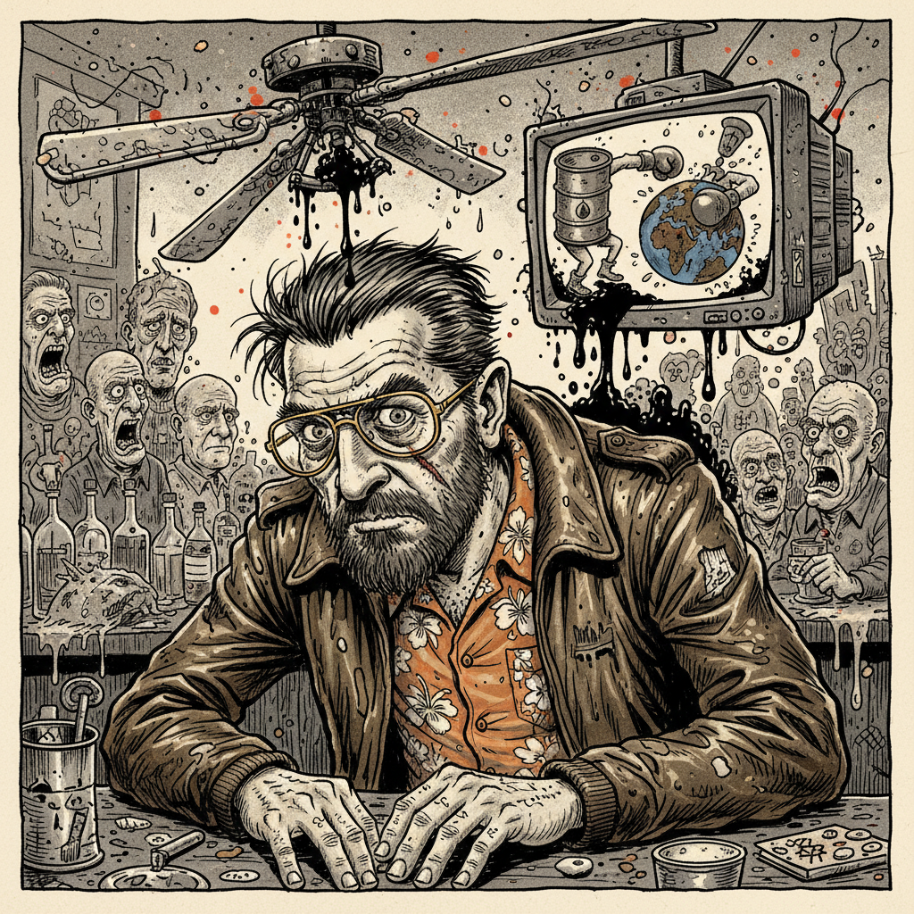 In a visceral bar, Rip Thorne—gold-rimmed aviators, jagged scar, unkempt beard, tattered brown leather flight jacket, and faded orange hibiscus shirt—stares with paranoid focus. Above him, a rusted ceiling fan becomes a decapitated helicopter rotor, spraying black oil onto a television screen showing an oil-barrel heavyweight boxing a globe.