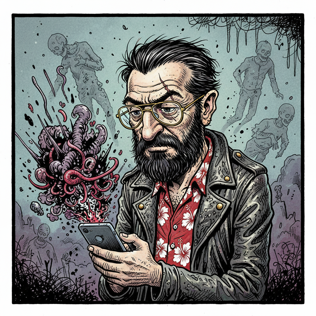 Bearded Rip Thorne, sporting a jagged brow scar and gold-rimmed aviators, hunches over a phone in a tattered leather jacket and hibiscus shirt. His expression is one of cynical weariness as his screen vomits visceral, ink-splattered explosions, while ghostly shadows of casualties haunt the humid, rotting background.